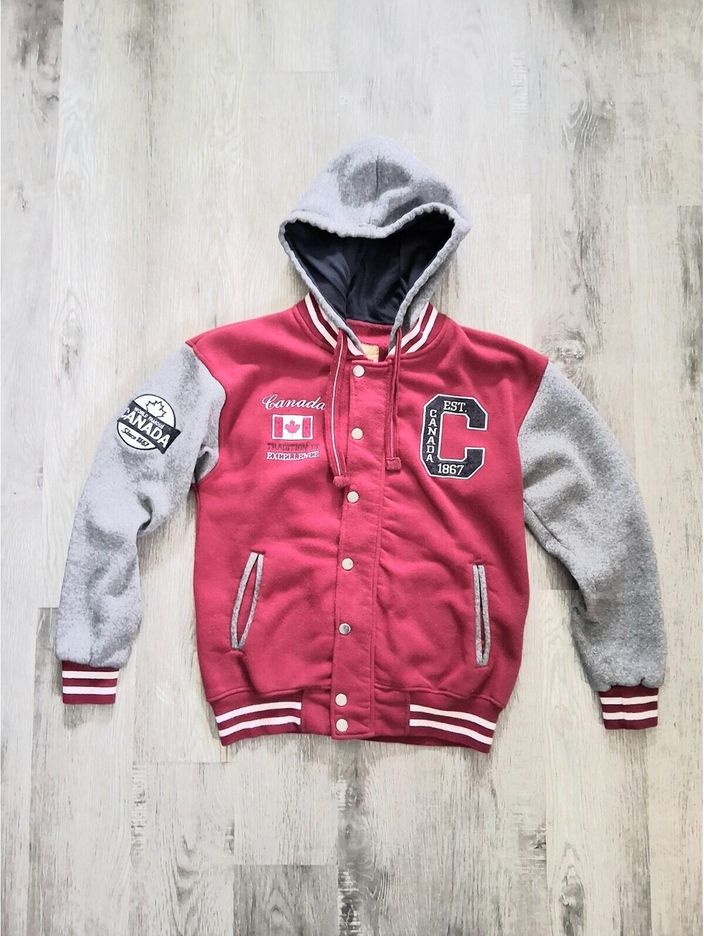 Canadian Vintage Club Men's (M) Maroon Grey Hooded Fleece Hooded Varsity Jacket